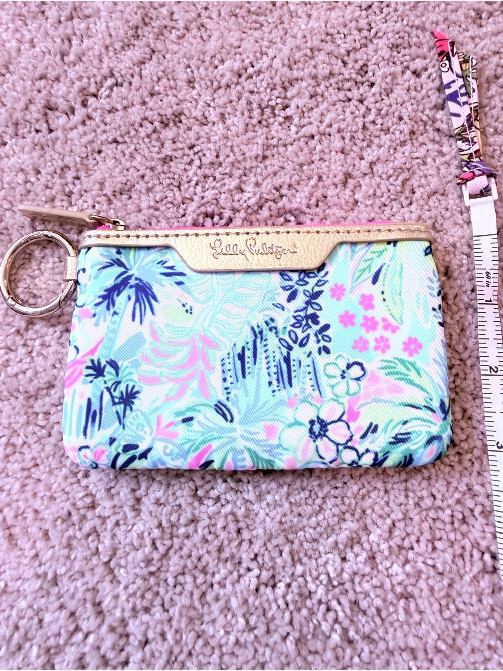 Lilly Pulitzer Mint Pink Navy Floral Key Pouch with Gold Trim
